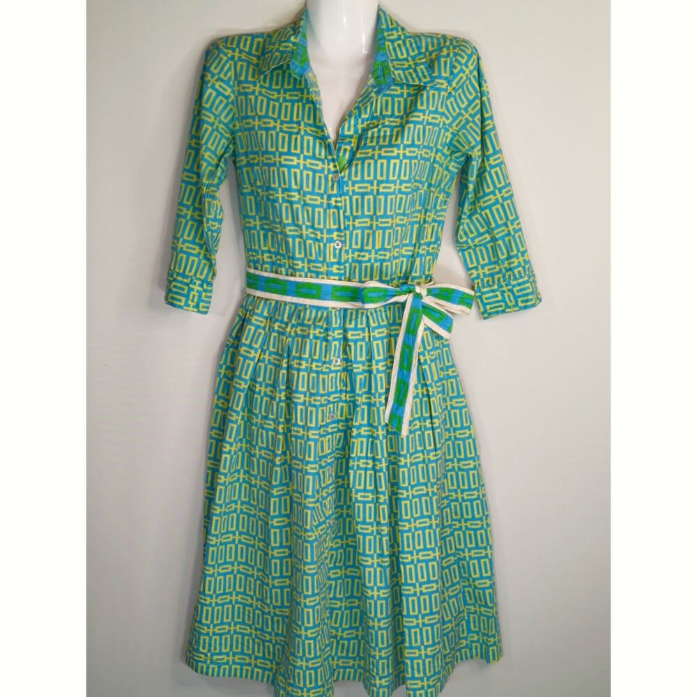 DIZZY LIZZIE Green & Yellow Belted Shirt Dress Womens S Cotton Pockets Retro‎